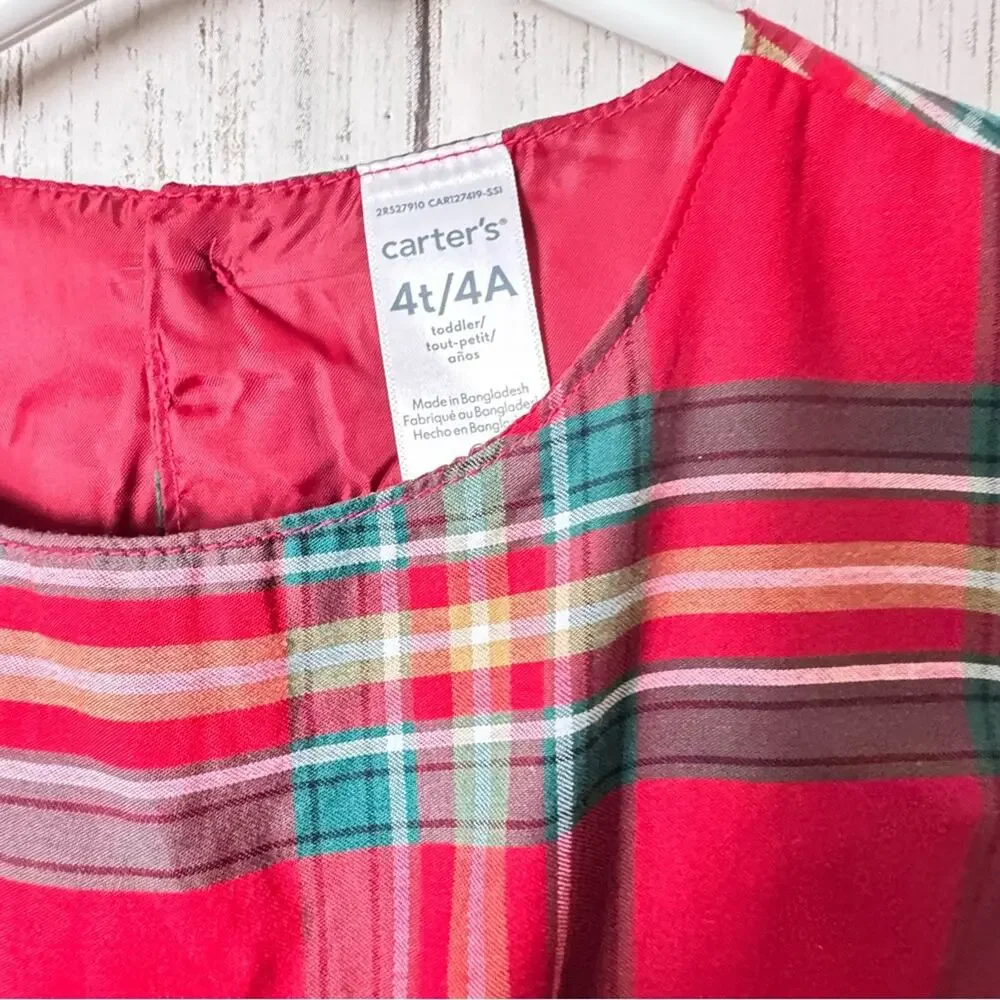 Carter’s Short Sleeve Holiday Print Re Plaid Sleeveless Dress w/Bow Sz 4T NWT